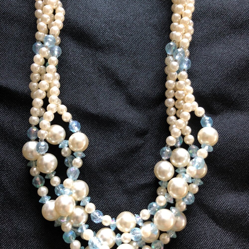 Vintage Statement Necklace Layered Multi Size Faux Pearl 4 Strands Blue Crystals